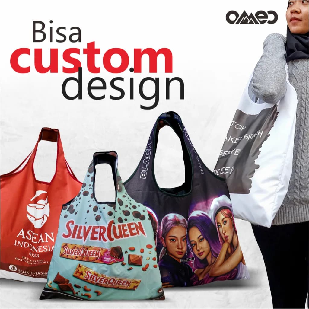 Shopping Bag Tas Belanja Totebag Lipat OMEO Size Medium Custom 2 Sisi — tampak lain